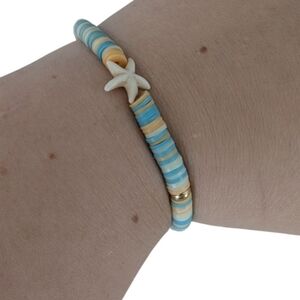 Handmade Clay Disk Beaded Bracelet Starfish Charm Cream Blue